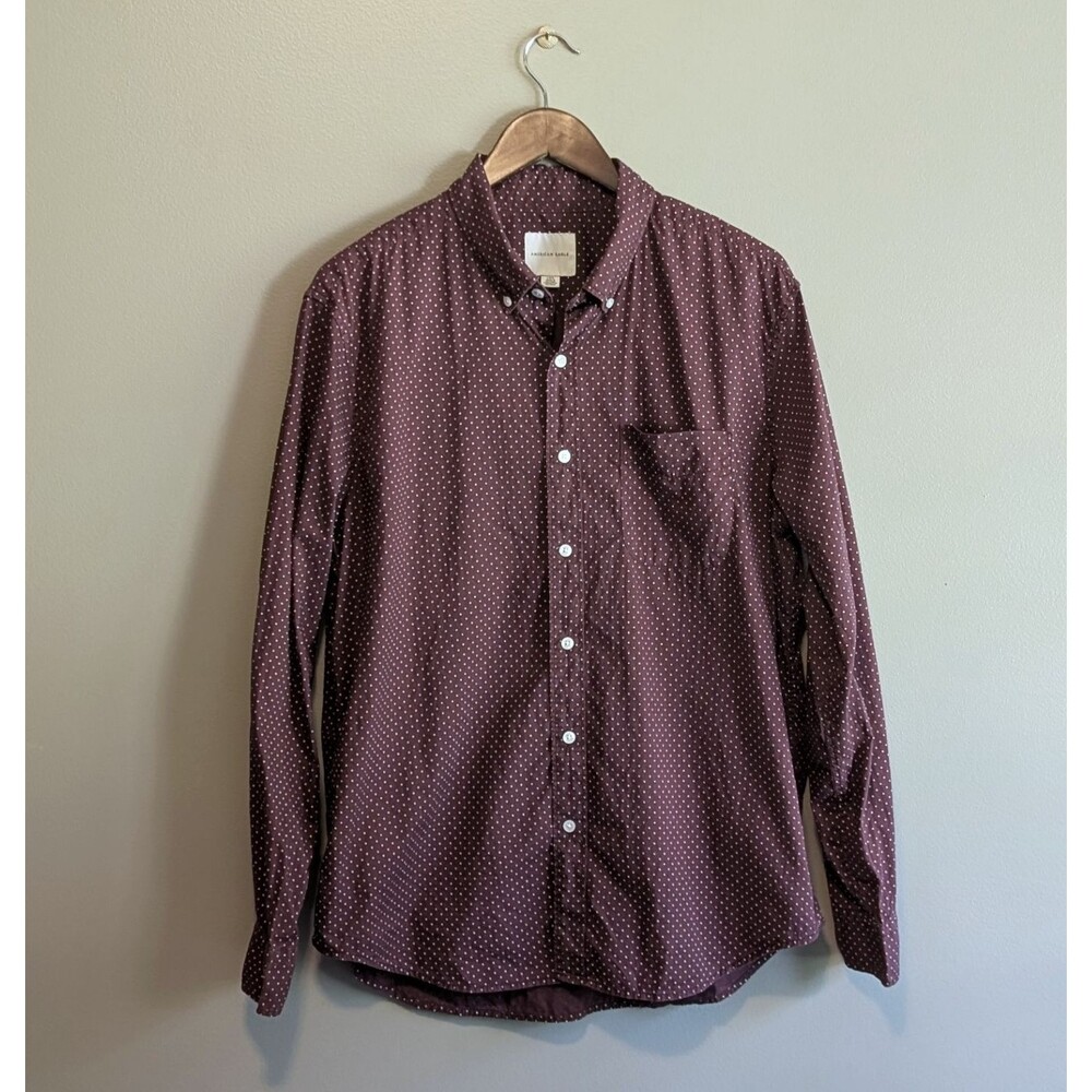 American Eagle Mens Large L Maroon Burgundy Polka Dot Button Down Shirt Pocket